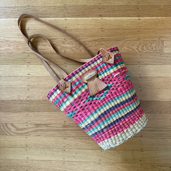 Vintage Handbags - Vintage Woven Raffia Bucket Tote Multicolor with Leather Trim